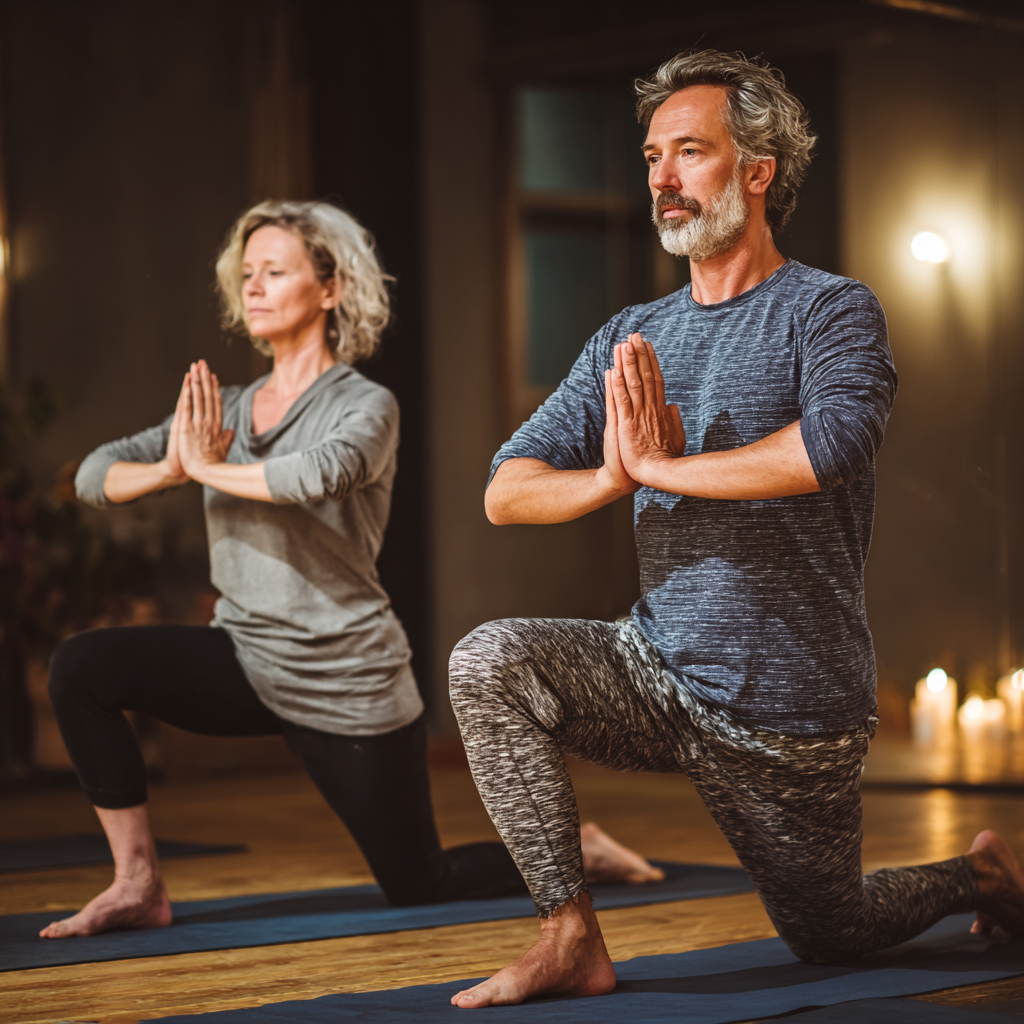 experienced yoga instructor guiding middle-aged student in peaceful studio environment