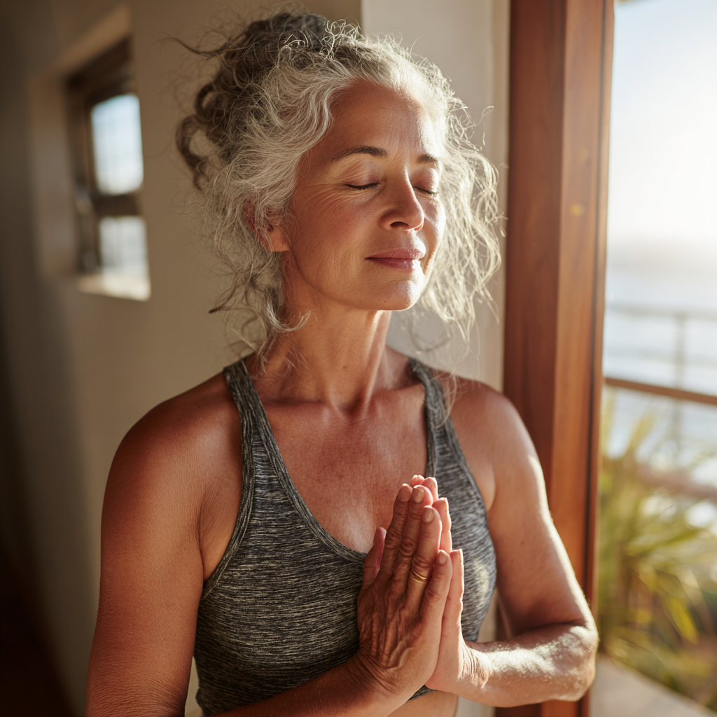 mature woman practicing gentle yoga poses in natural light setting